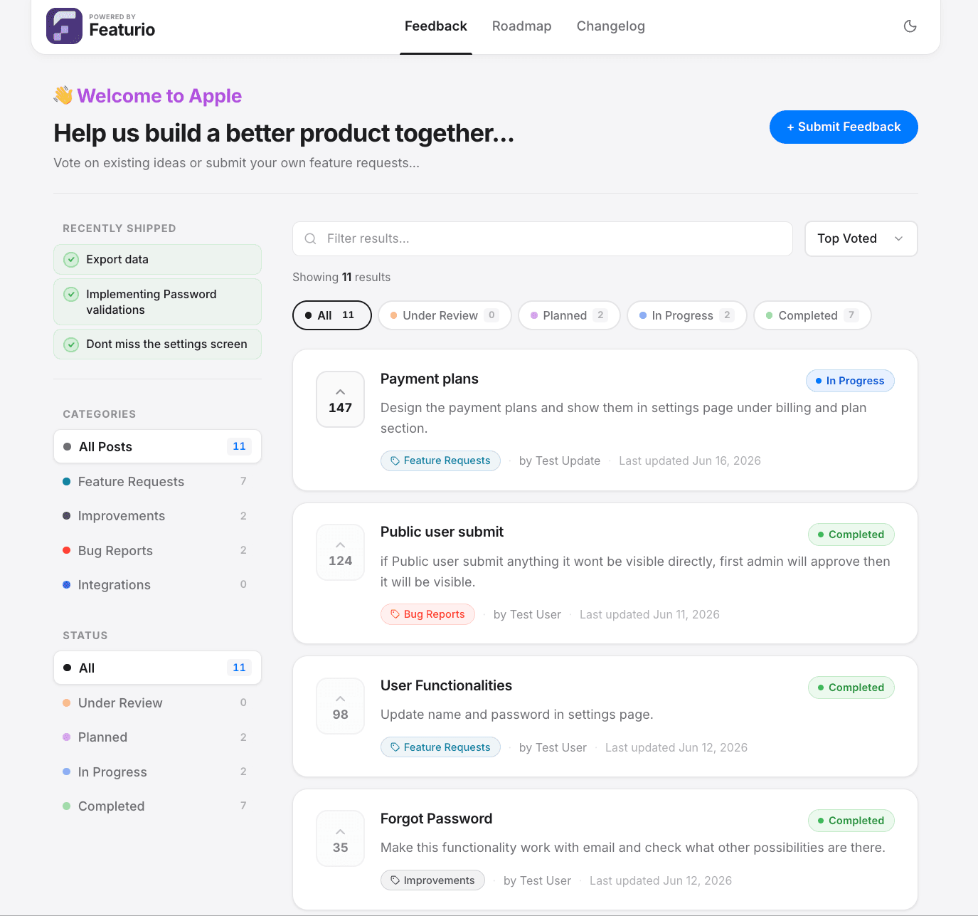 Featurio feedback board screenshot